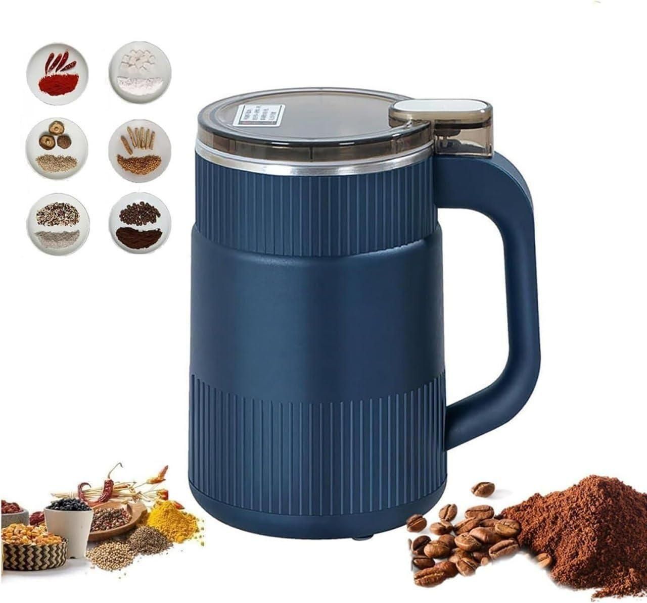 Blue multi-purpose grain and nut grinder with handle and transparent lid for efficient grinding