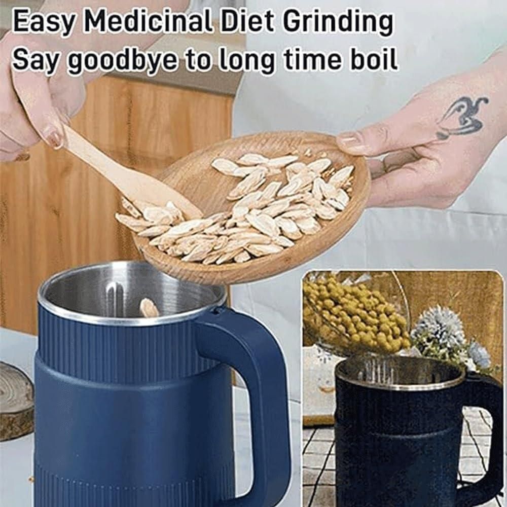 Blue multi-purpose grain and nut grinder with wooden spoon and handle for easy medicinal diet grinding