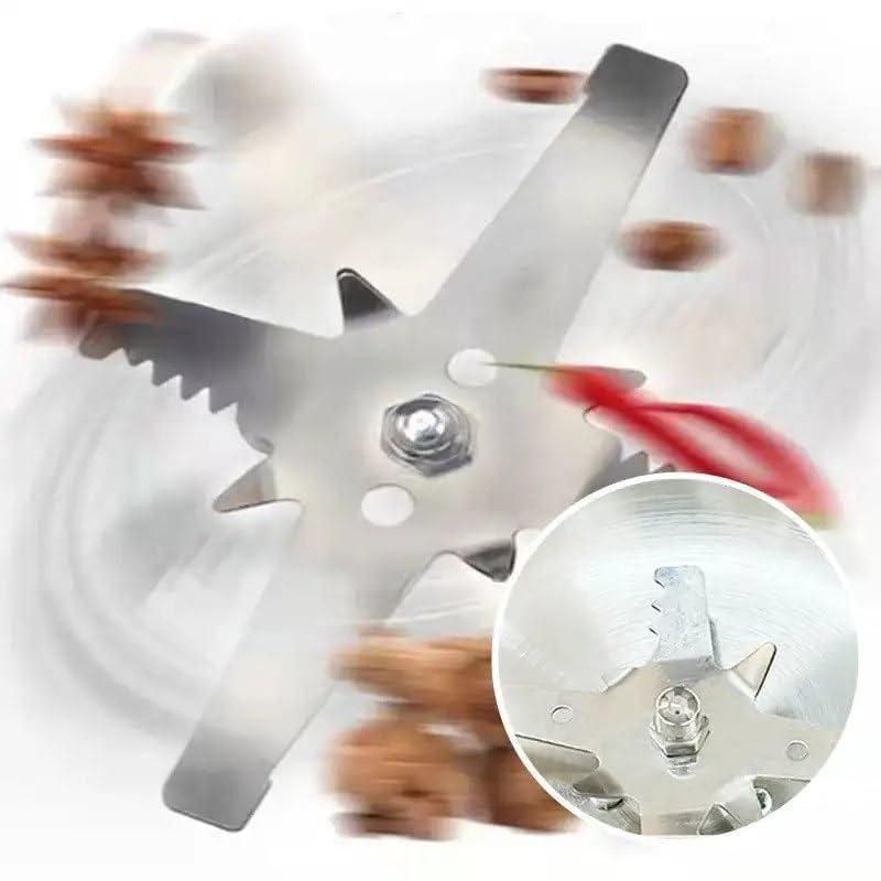 Stainless steel blade of multi-purpose grain and nut grinder with nuts and spices in motion