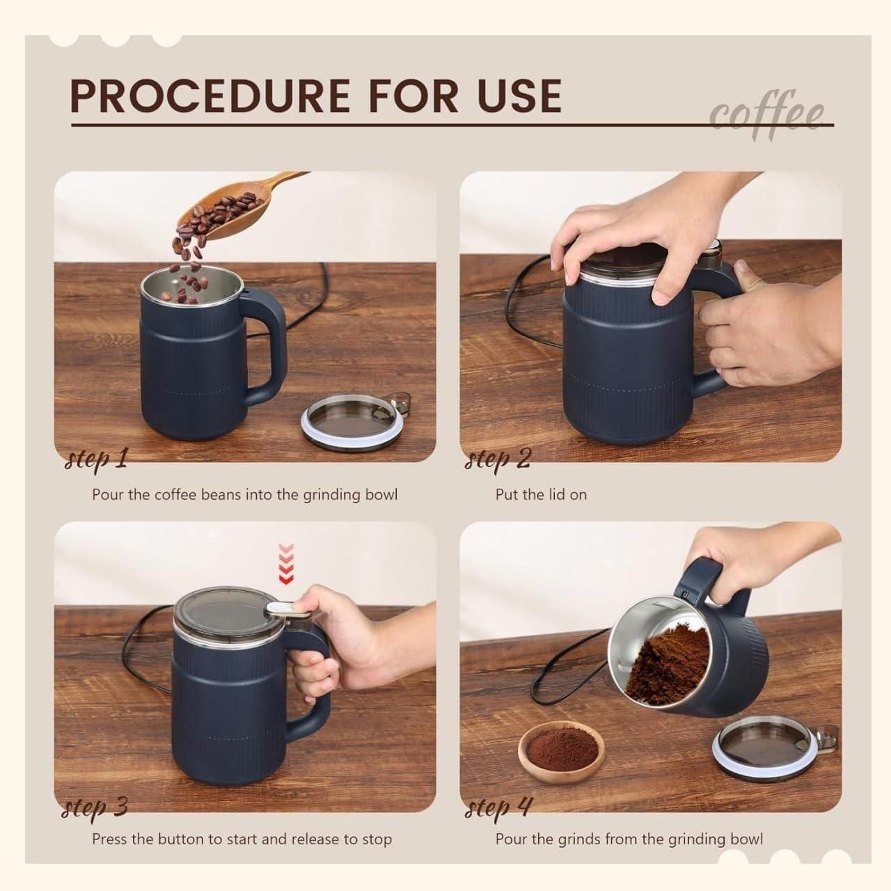 Step-by-step procedure using multi-purpose grain and nut grinder to grind coffee beans into powder